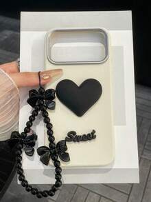 Solid White Phone Case, Adorned With Large Black Heart, Compatible With IPhone 17/17 Pro/17 Air/17 Pro Max, 16/15/14/13/12/11 Pro/Pro Max/Plus, S20/S21/S22/S23/S24/S25/Ultra/FE/Plus/Ultra, A56 5G, Redmi Note 13/Poco X6, Honor X8b - White - View 2