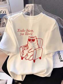 Women's Shirts, Blouses, Women's Clothing, Pretty Blouses, Blouses For Ladies, Casual Blouses For Ladies, Elegant Blouses For Young Ladies, Women's Round Neck Short Sleeve T-Shirt, Refreshing Summer Casual Style, With Fun Cat And Text Print, Funny And Youthful Details, 100% Cotton Fabric, Breathable And Sweat-Absorbent, Soft To The Touch, Durable And Not Easy To Deform, Comfortable Oversized Loose Fit Without Restrictions, Modern And Casual Style, Vibrant Print With A Latin Flair, Intense Visual Appeal, Ideal For Walks, Beach, Home Use Or Commuting, Versatile And Suitable For Gifting - 白色 - 查看 6