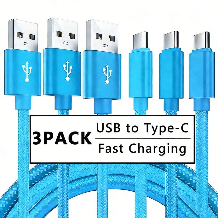 3pcs USB-A To USB-C Fast Charging Cables, USB Type-C Charging Cords, 3.3ft/6.6ft/10ft Length Car Charger Type-C Cables, Nylon Braided Material, Compatible With Samsung Galaxy S25, S24, S23, S22, S21, Vivo, Oppo, Redmi Phones, Compatible With IPhone 16, 16 Pro Max, 15, 15 Plus, 15 Pro, 15 Pro Max, Compatible With Redmi, Compatible With OnePlus - 3 Blue - View 1