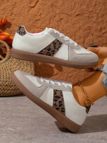 Women's Iridescent Leopard Print Low Top Sneakers - White Casual Glitter Shoes With Tan Gum Sole For Daily Streetwear - Beige - View 5