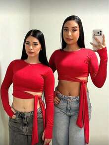 Women's Cropped Blouse In Spandex With Long Sleeves And Waist Tie, Tummy Controls, Comfortable, Autumn/Winter Fashion (Foreign Style) - 紅色 - 查看 3