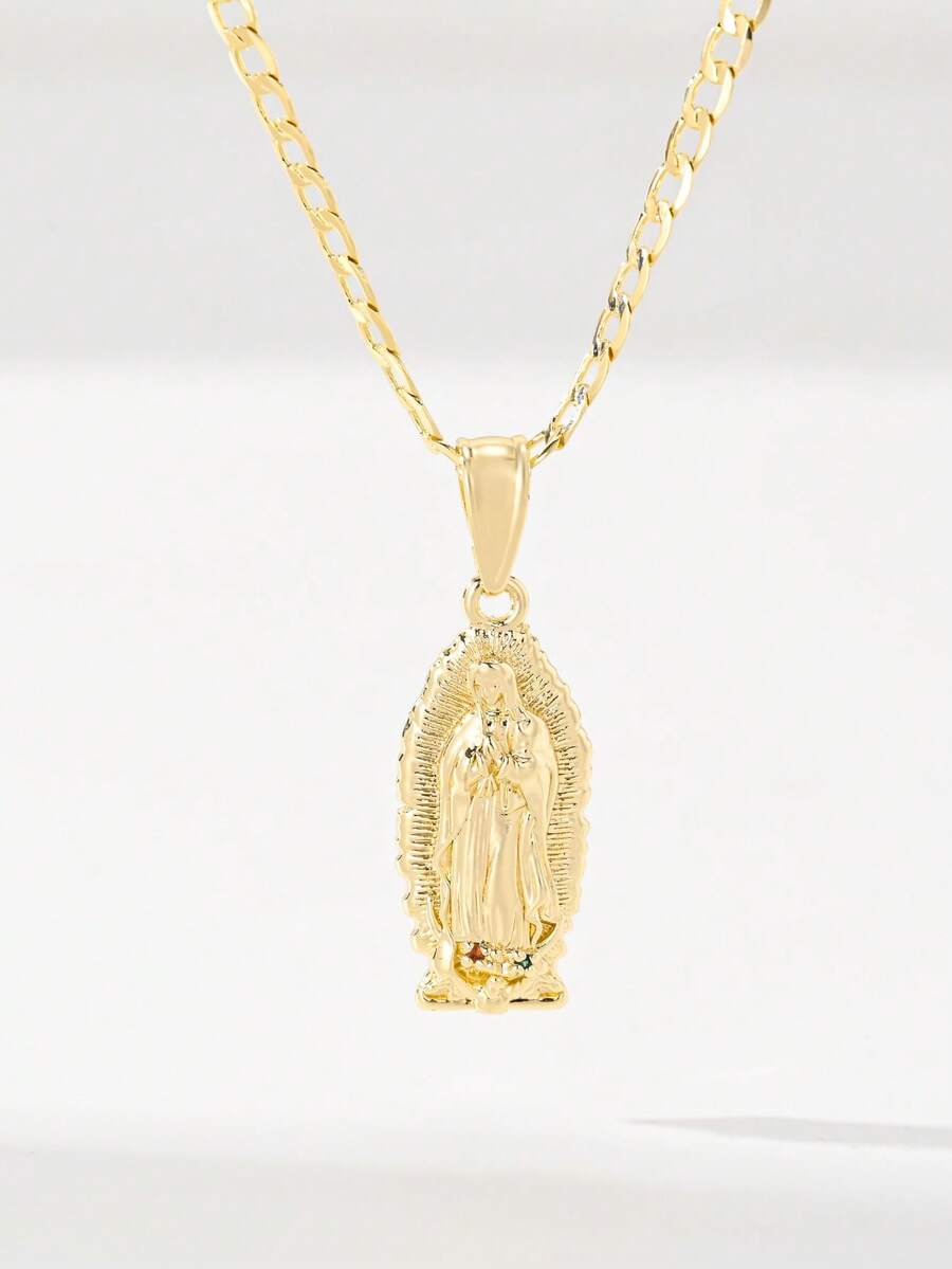 1件欧美经典铜镶嵌锆石小号瓜达卢佩圣母玛利亚吊坠项链，限量版，适合作为圣诞节/感恩节/万圣节/母亲节/情人节礼物送给情侣/朋友/教父母，也适合天主教初领圣体、日常及节日佩戴祈祷。 - 金黃色 - 查看 1