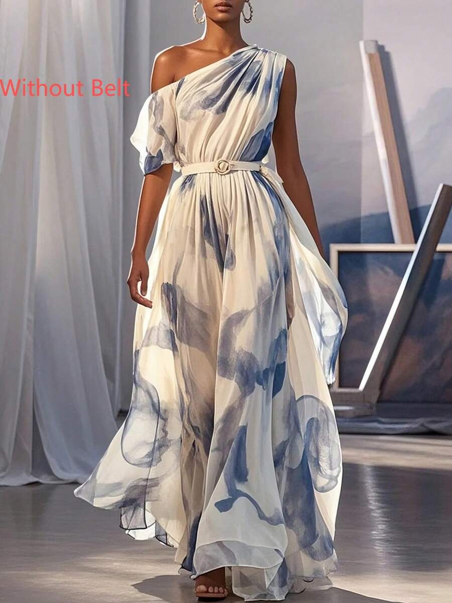 Bohemian Style Chiffon Soft & Flowy Fashion Asymmetrical Shoulder Formal Evening Dress, Without Belt - Baby Blue - View 1