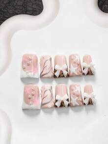 10pcs Desire Law Style Acrylic Nail Art Kit, Includes 3D Bow Decals, Hand-Painted Asymmetrical Pentagram, Pink Pentagram Nail Decorations, White Nail Polish, Nail Tools (1 Jelly Sticker + 1 Nail File), 3 Sizes Available: Almond, Duck Mouth, Coffin, Suitable For Daily, Party, Spring/Summer, Photography, Gaming, Office, Etc. Handmade Press On Nails - 彩色 - 查看 17