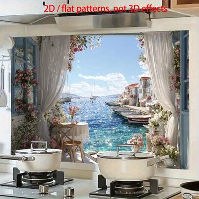 1pc 2D Flat Design Floral Window And Blue Coast Kitchen Wall Sticker, Suitable For Kitchen Walls, PVC Self-Adhesive Waterproof And Oil-Proof Material, Durable, Easy To Peel And Stick For Home Decoration.