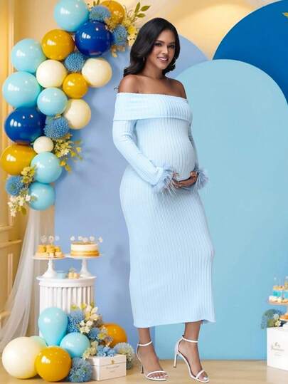 JustVH Pregnant Women's Solid Color Off-Shoulder Fuzzy Long Sleeve Ribbed Dress, Elegant For Baby Shower/Gender Reveal Party