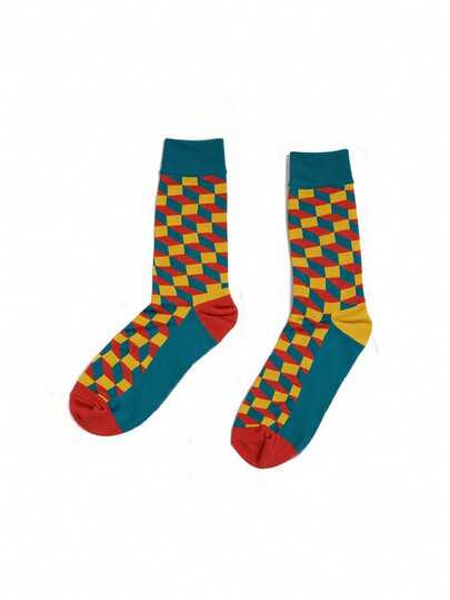 1双男女通用菱形印花透气中筒袜，适合日常穿着和派对，四季皆宜