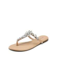 Women Flat Sandals Rhinestone T-Strap Flip Flops Thong Sandals Vacation Beach Casual Chic Party Slip On Sandals Shoes - 杏色 - 查看 4