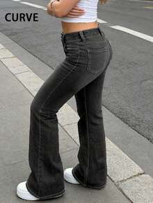 Quần jeans dài ống loe dáng ôm vừa vặn, đa năng, chất liệu denim mài kiểu vintage dành cho nữ, thích hợp cho mùa xuân. - Màu xám đen - Xem 3