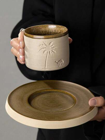 كوب قهوة من الخزف الحجري على طراز الشرق الأوسط، بتصميم شجرة الصحراء والجمل، كوب قهوة إبداعي على طراز الشرق الأوسط، كوب خشن مصنوع يدويًا من السيراميك، كوب إسبريسو، كوب شاي، كوب، كوب قهوة، أكواب إفطار، أكواب حليب، أكواب مياه، جميل وعملي، مقهى، غرفة المعيشة، غرفة النوم، المكتب، التخييم، مناسب لعيد الفطر، اليوم الوطني للمملكة العربية السعودية، رمضان كريم، التجمعات العائلية، حفلات عيد الميلاد