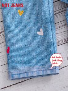 Girls' Summer Heart All-Over Denim Print Elastic Waist Wide Leg Pants, Retro Casual All-Match Trousers - Light Wash - View 7