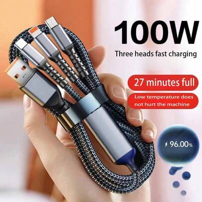 Fast Charging Transparent Illuminated Braided Nylon Wire 3 In 1 Super Fast Charging Cable, 3 In 1 Charging Cable With Fast Charging Data Cable Compatible With IPhone, Android, Camera, MP3 Universal Adapter 100W Gift Celebration