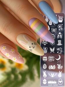 1件装复活节美甲模板，可爱兔子复活节彩蛋花朵设计学院美甲印花模板，DIY不锈钢美甲模板印花模具美甲工具 - 銀色 - 查看 7