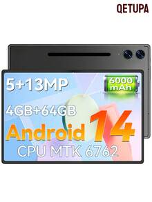 Qetupa 10.1英寸安卓14平板电脑，4GB RAM+64GB ROM，MT6762八核2.0GHz处理器，高清(1280x800) IPS触摸屏，蓝牙5.2和802.11ac WiFi5，GPS，500万像素前置摄像头和1300万像素后置摄像头，6000mAh大容量电池，不支持车载SIM卡，圣诞礼物（儿童/成人惊喜之选，不含适配器） - 灰色 - 查看 1