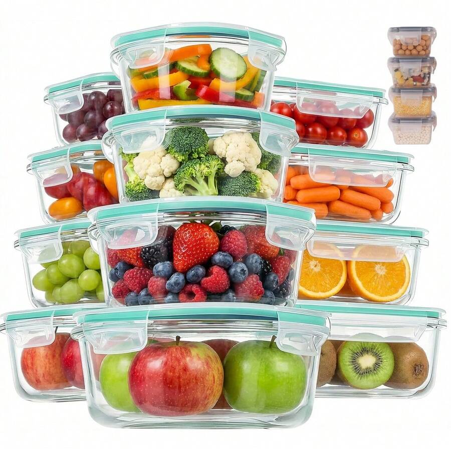 32-Piece Glass Food Storage Containers (16 Glass Bowls + 16 Lids) With Upgraded Snap Locking Lids – Airtight Lunch Containers, Suitable For Microwave/Oven/Refrigerator/Dishwasher (Blue) - 藍色 - 查看 1