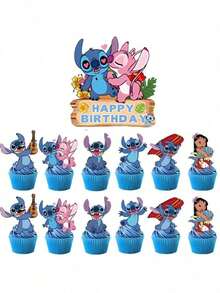 25pcs Pink Cosmic Baby Stickers, Suitable For Photo Ops, Birthday Cake Decor, Party Decorations, Stitch Cake Flags, Includes Decorative Props And Supplies - Multicolor - View 9