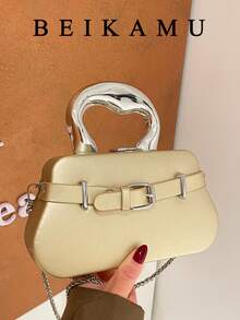 New Gold PU Irregular Metal Handle Bag, Belt Buckle Chain Crossbody Box Bag, Niche Sweet Chic Style Evening Party Handbag For Women - Gold - View 7