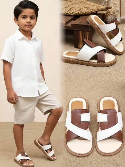 1 Pair Toddler Boys' Brown Beach Flat Sandals, Non-Slip Rubber Soft Bottom, White Contrast Color, Round Toe, Suitable For 3-15 Years Old Boys, Casual, School, Beach, Outdoor, Travel, Party, Spring/Summer 2026 New