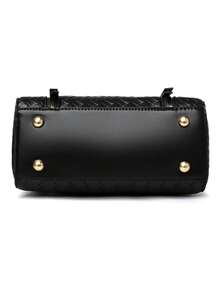 女士时尚“M”字母手机零钱包斜挎包，编织纹理翻盖，可调节肩带，轻便单肩包，适合日常通勤、办事、购物。 - 黑色 - 查看 8