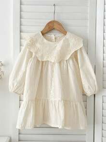 女童长袖公主裙,大领设计,花卉刺绣,春秋季款 - 杏色 - 查看 2