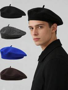 1顶男女通用经典仿羊毛贝雷帽，时尚休闲复古艺术家帽，秋冬季 - 彩色 - 查看 1