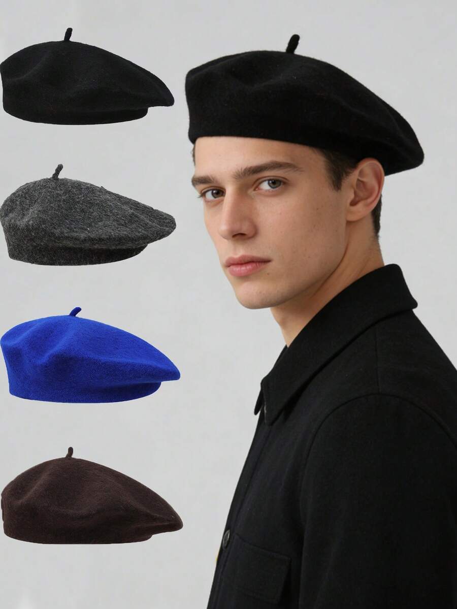 1顶男女通用经典仿羊毛贝雷帽，时尚休闲复古艺术家帽，秋冬季 - 彩色 - 查看 1