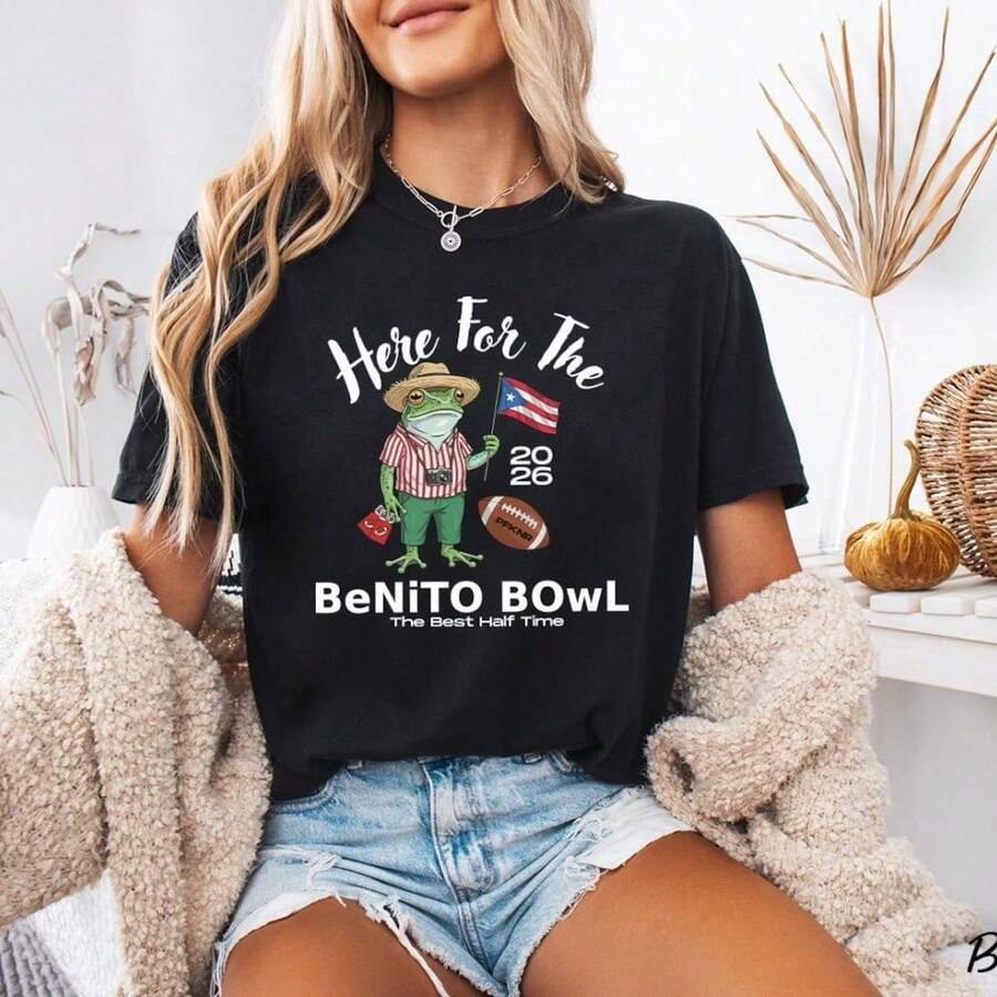 Here For The Benito Bowl Frog Print Crew Neck T Shirt Sweatshirt Casual Wear Tops Plus Size Clothes Business Casual Y2k Cute Meme Graphic Short Sleeve Playful Fan Tee Suitable For Winter Machine Washable - 黑色 - 查看 1