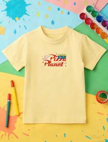 Disney Toy Story Pizza Planet Themed Kids' T-Shirt: Black Base With Double-Sided Print Of 'Pizza Planet' Logo, Aliens And Retro Fast-Food Elements. The  Style Fits Kids' Multi-Scene Daily Wear - Màu be - Xem 3