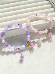 Set de 3 piezas Pulsera elástica con cuentas con diseño de flor de lirio - Multicolor - Ver 5