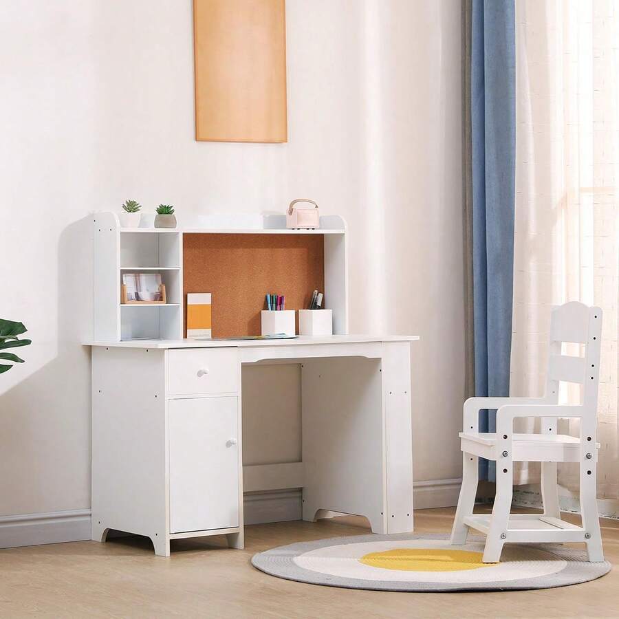Kids Desk, Study Desk And Chair Set For Boys And Girl, Wooden Kids Writing Table With Bookshelf, Bulletin Board, Cabinet And Drawer For Ages 3-8 - White - View 1