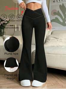 Women's Black Flare Pants, Casual Yoga Leggings, Back To School, Autumn Fashion, Pants, Sweatpants, Women's Full Length Trousers - Black - View 1