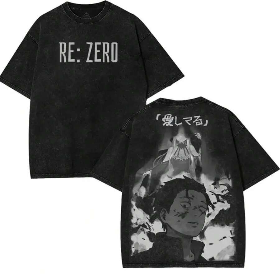 Subaru Natsuki V5 RE ZERO Vintage Graphic Tees Anime Hoodie Tee Acid Washed,Subaru Shirt, ReZero T-Shirt, Unisex Manga Anime Shirt Top Menswear - 黑色 - 查看 1