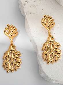 Mazuer 一对18K镀金不锈钢夏威夷风情珊瑚水滴耳环，女士珠宝配饰，适合夏威夷度假佩戴 - 金黃色 - 查看 6