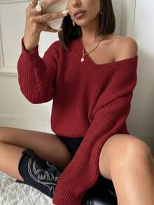 Women Casual Ivory Pullover Sweater With Drop Shoulder Long Sleeves And V Neck Perforated Details Rib Knit - Burgundy - View 1