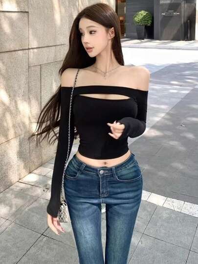 女士秋冬新款漫画轮廓性感镂空露肩修身长袖上衣