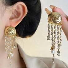 1 Pair Heavily Embellished Long Tassel Earrings, Personalized Luxury Niche Spiral Faux Pearl Earrings, Gift For Valentine's Day, Mother's Day, Birthday, Banquet, Party Wear - Multicolor - View 2