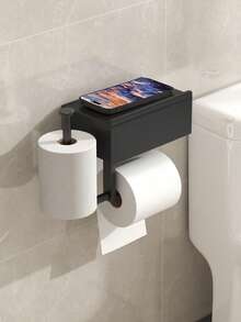 1pc Wet Wipes & Toilet Paper Holder, Self-Adhesive Wall Mount, Bathroom Tissue Roll Dispenser With Storage Shelf - Multicolor - View 2