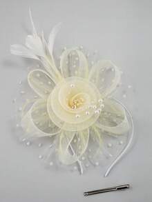 1pc Women's Tea Party Racing Hat, Kentucky Derby Hat, Floral Mesh Hair Accessory, Wedding Headpiece - Beige - View 3