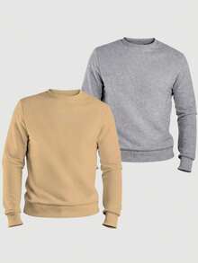 ZUKKER Kit Of 2 Men's Plain Crew Neck Sweatshirts, Flannel Lined Winter Jacket, Unisex Cotton, Immediate Shipping, Various Colors, Ribbed Cuffs - 灰/米色 - 查看 1