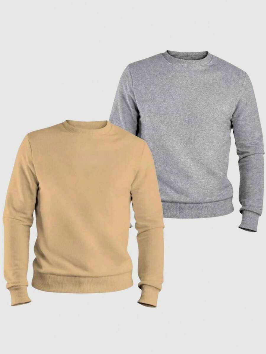 ZUKKER Kit Of 2 Men's Plain Crew Neck Sweatshirts, Flannel Lined Winter Jacket, Unisex Cotton, Immediate Shipping, Various Colors, Ribbed Cuffs - 灰/米色 - 查看 1
