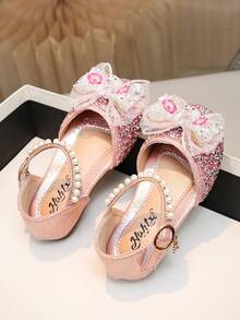 Sandalias planas con lazo de perlas y diamantes de colores para niños, zapatos de princesa para la escuela para niños pequeños - Rosa - Ver 6