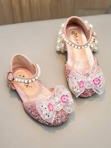 Sandalias planas con lazo de perlas y diamantes de colores para niños, zapatos de princesa para la escuela para niños pequeños - Rosa - Ver 5