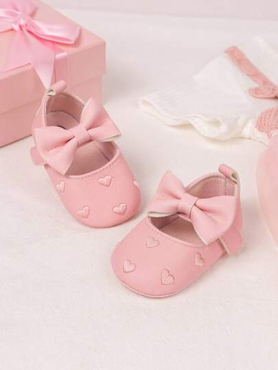 Cute Newborn Infant Heart Embroidery Bow Princess Flat Shoes
