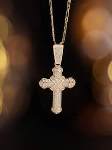 1件欧美风格全钻十字架吊坠项链，奢华个性化设计，适合日常佩戴、音乐节、度假或祈祷场合。 - 金色 - 查看 7