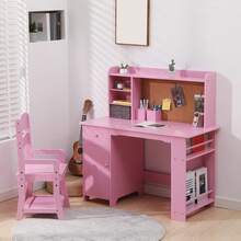 Juego de computadora y Silla para niños y niñas, Mesa de Escritura de Madera para niños con estantería, tablón de anuncios, gabinete y cajón para Edades de 3 a 8 años - Rosa - Ver 1