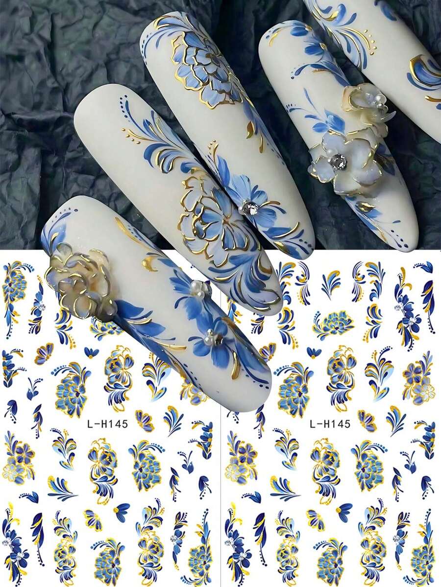 FULL BEAUTY 2片装蓝色烫金花朵蕾丝美甲贴纸复古线条曲线绘画谷百合花卉皇家奢华风格优雅春夏滑动装饰美甲用品美甲 - 彩色 - 查看 1