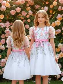 女童欧根纱圆领印花连衣裙，休闲日常涤纶面料，可爱优雅的童装 - 彩色 - 查看 5