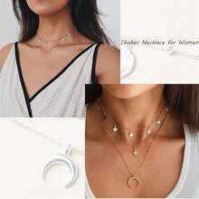 RINHOO FRIENDSHIP 4-6Pcs Multiple Layered Necklaces For Women Choker Necklace With Moon Star Coin Chain Necklace Jewelry For Women - 4件套多款銀項鍊 - 查看 6