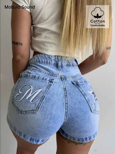 Mobula Sound Casual Denim Embroidered Stretchy Comfortable Shorts For Women, Versatile For Spring/Summer Fashion, Casual, Holiday, School, Vacation, Daily Wear, Dating, Travel, Airport