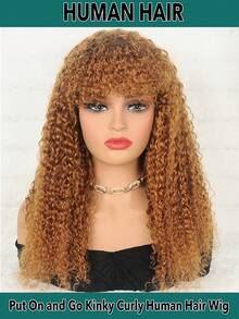 Tóc giả xoăn tự nhiên có mái, làm hoàn toàn bằng máy, không ren, không keo, màu vàng mật ong, độ dày 200%, dành cho nữ sử dụng hàng ngày. - S30 - Xem 1